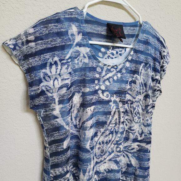French Blue T Shirt Womens Size Petite Large Floral Stripe Short Sleeve Summer - Picture 8 of 11